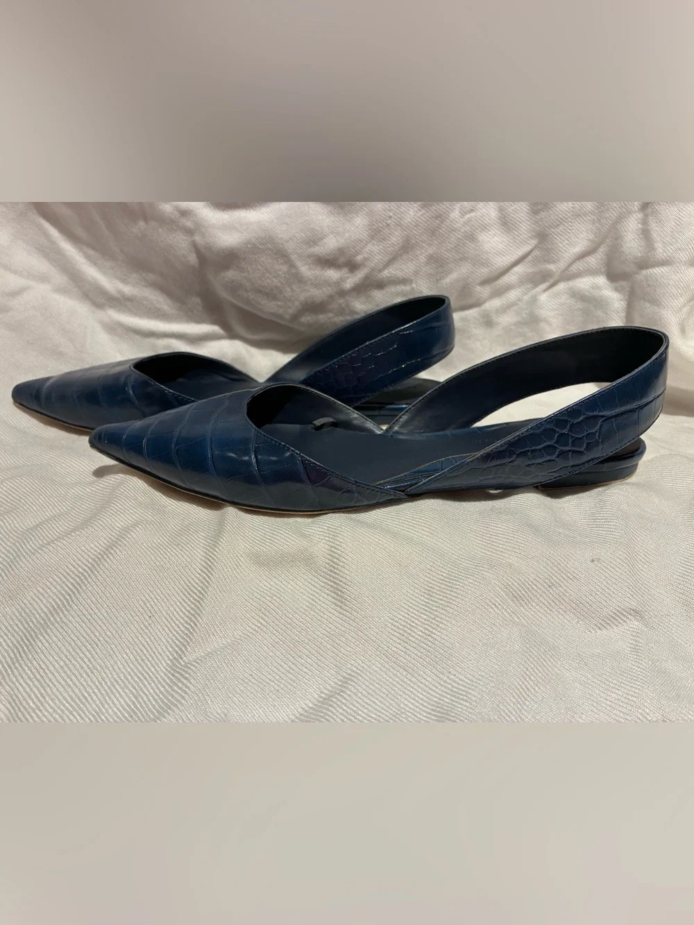 Zara Navy Croc-Embossed Pointed Toe Slingback Flats, sz 35/US 5